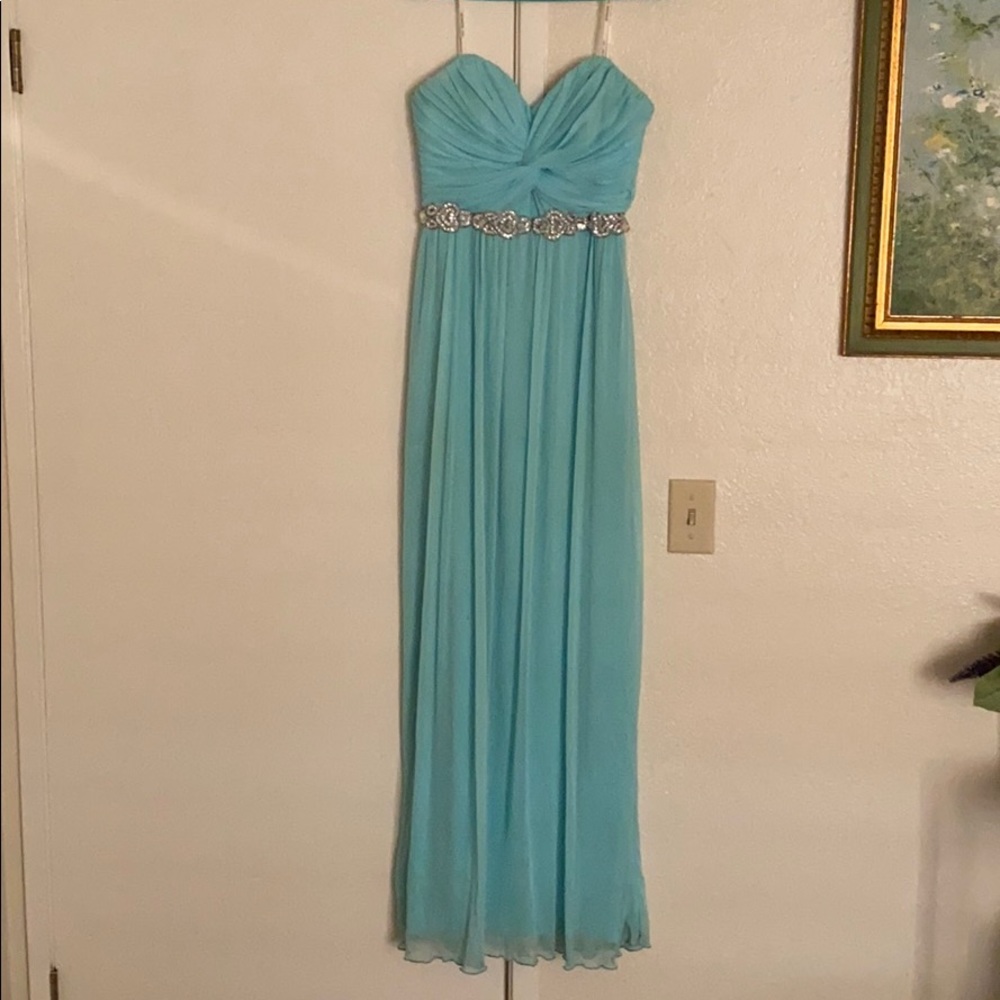 Strapless light blue prom dress